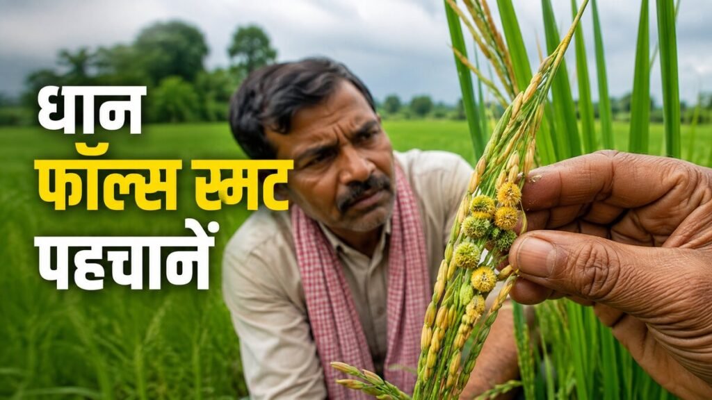 धान की बाली में पीले-हरे फॉल्स स्मट गोले पहचानता किसान
