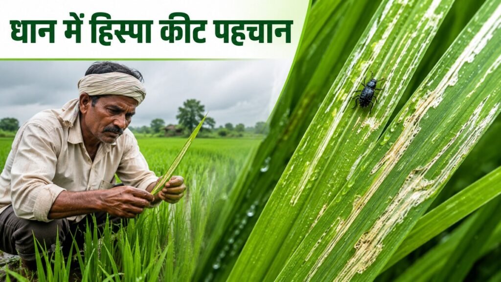 धान की पत्ती पर सफेद खुरचाव, rice hispa beetle और खेत निरीक्षण करता किसान