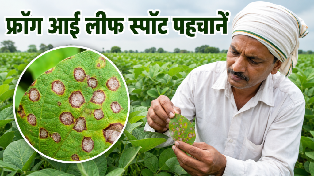 सोयाबीन पत्ती पर फ्रॉग आई लीफ स्पॉट के राख जैसे गोल धब्बों की पहचान करते किसान