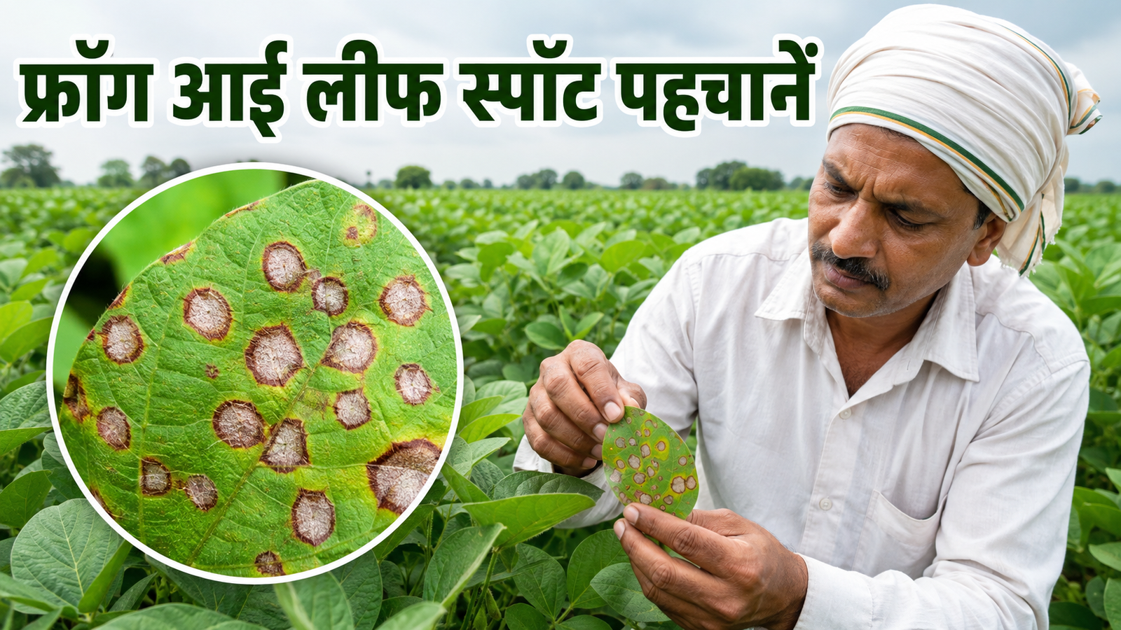 सोयाबीन पत्ती पर फ्रॉग आई लीफ स्पॉट के राख जैसे गोल धब्बों की पहचान करते किसान