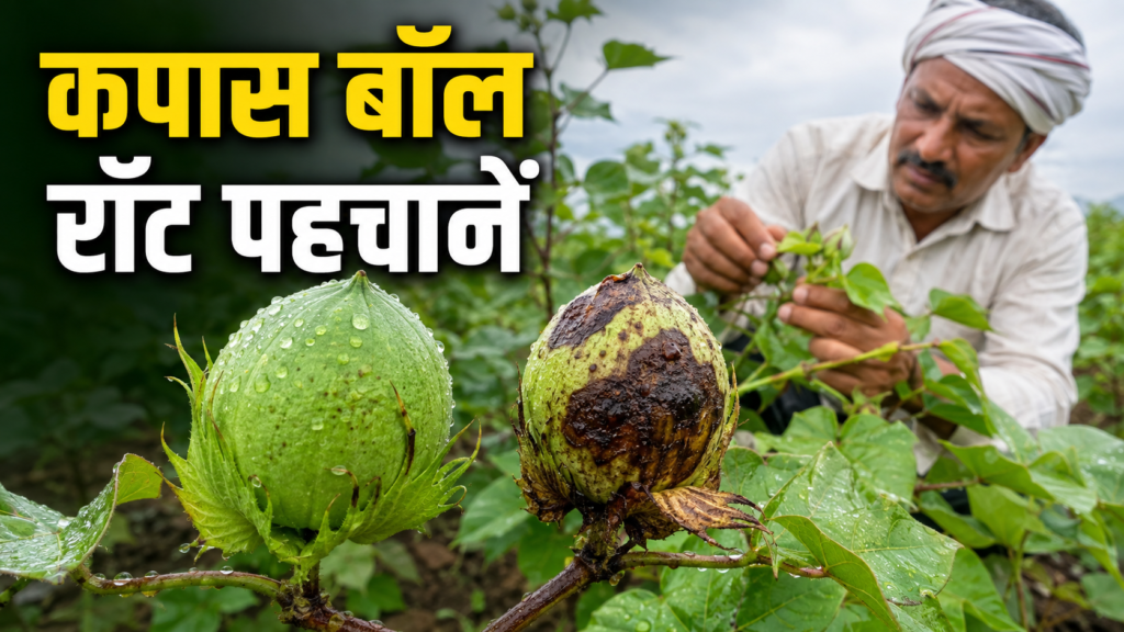 बारिश के बाद कपास के स्वस्थ और बॉल रॉट प्रभावित हरे टिंडे की तुलना