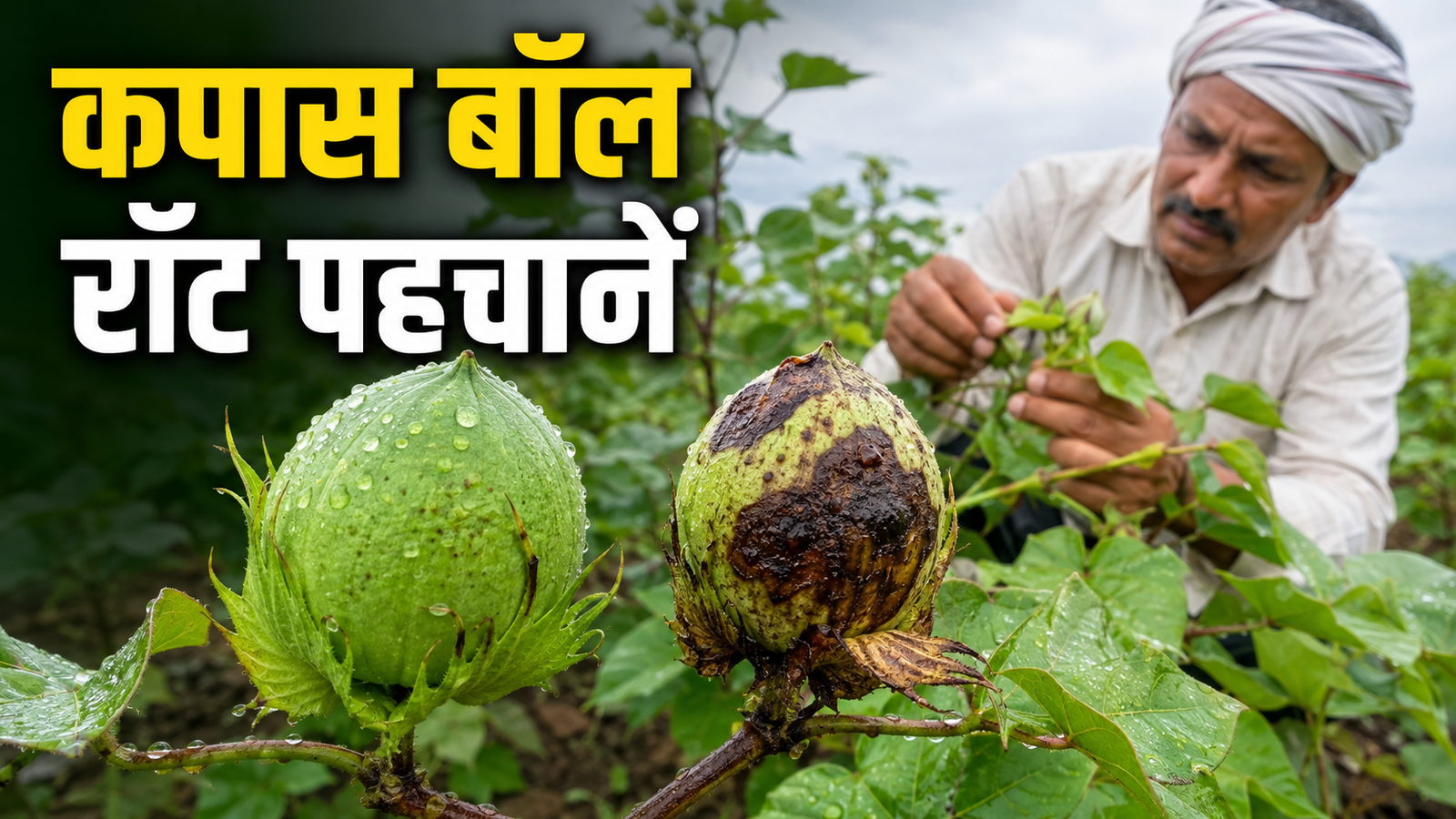 बारिश के बाद कपास के स्वस्थ और बॉल रॉट प्रभावित हरे टिंडे की तुलना