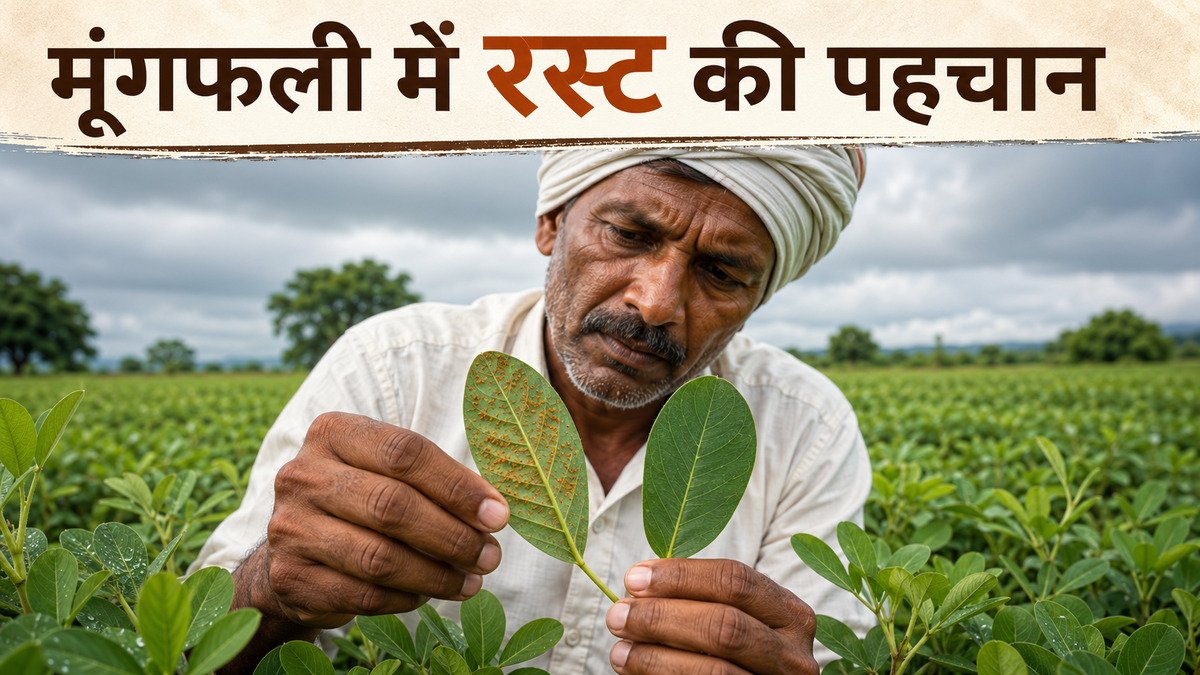 मूंगफली की पत्ती के नीचे नारंगी-भूरे रस्ट फफोले देखते भारतीय किसान