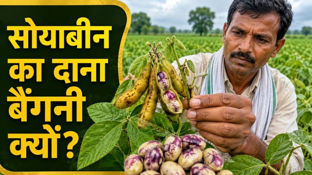 सोयाबीन की फली में Purple Seed Stain से बैंगनी धब्बों वाले दाने देखते किसान