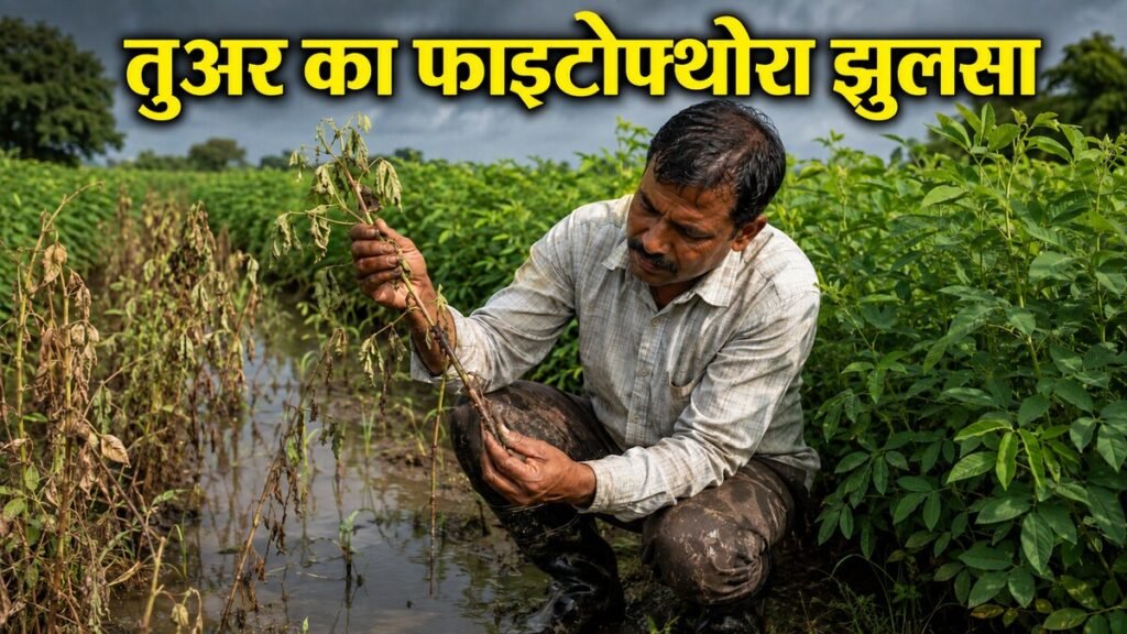 जलभराव के बाद तुअर के तने पर फाइटोफ्थोरा झुलसा का काला lesion देखते किसान