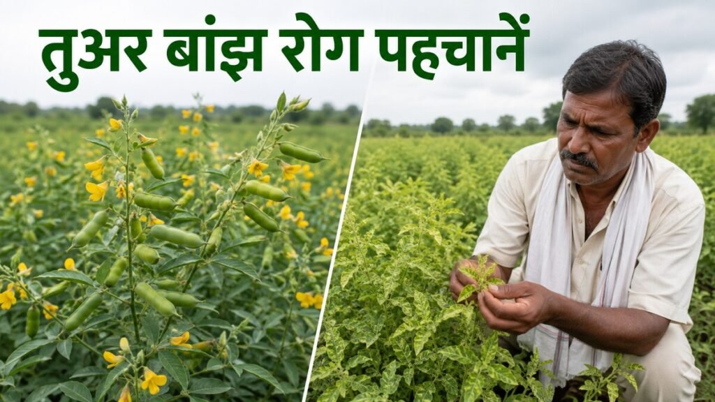 तुअर में स्टेरिलिटी मोज़ेक रोग का स्वस्थ और बांझ पौधे से तुलनात्मक पहचान चित्र