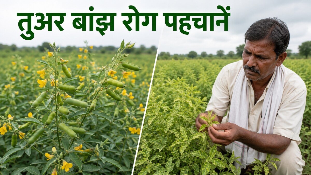 तुअर में स्टेरिलिटी मोज़ेक रोग का स्वस्थ और बांझ पौधे से तुलनात्मक पहचान चित्र